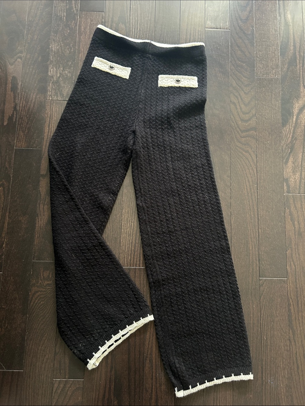 Ladies Black Knit Wide-Leg Pants with White Trim